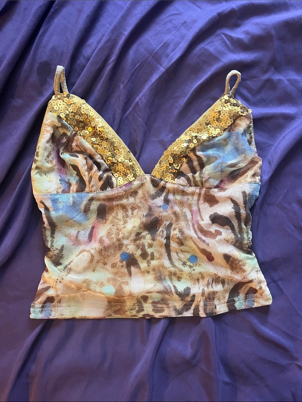 Sequin-Trim Animal Print Camisole in Gold and Multicolor